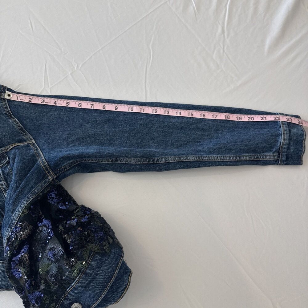 Suzy T Designs Sz L Lace Back Denim Jacket Blue Statement Couture Floral Boho - Picture 16 of 16